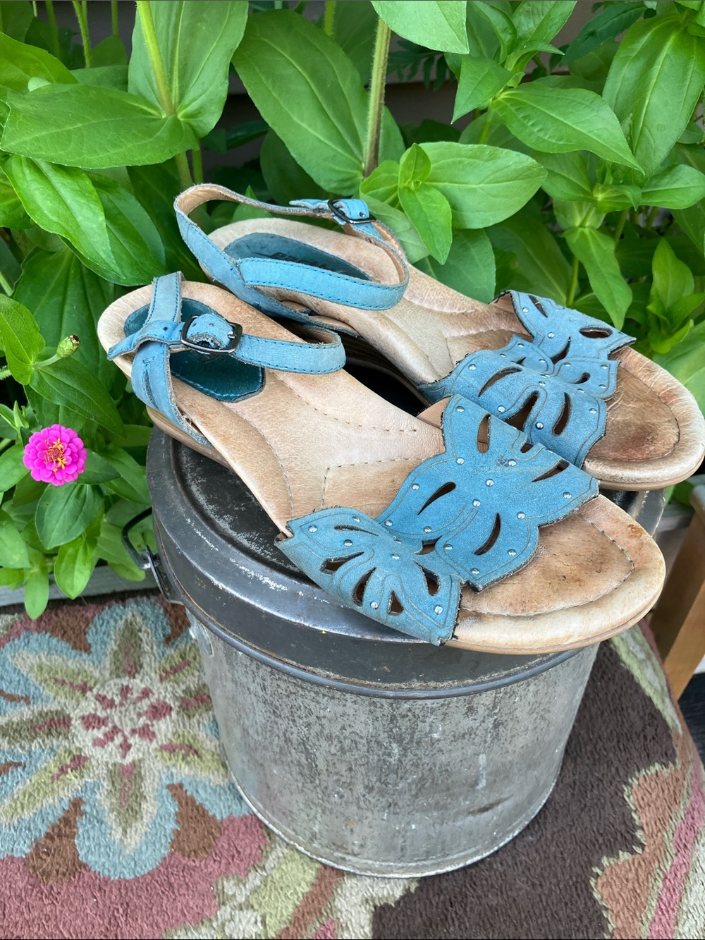 Earth Teal Leather Cutout Sandals - Adjustable Slingback
